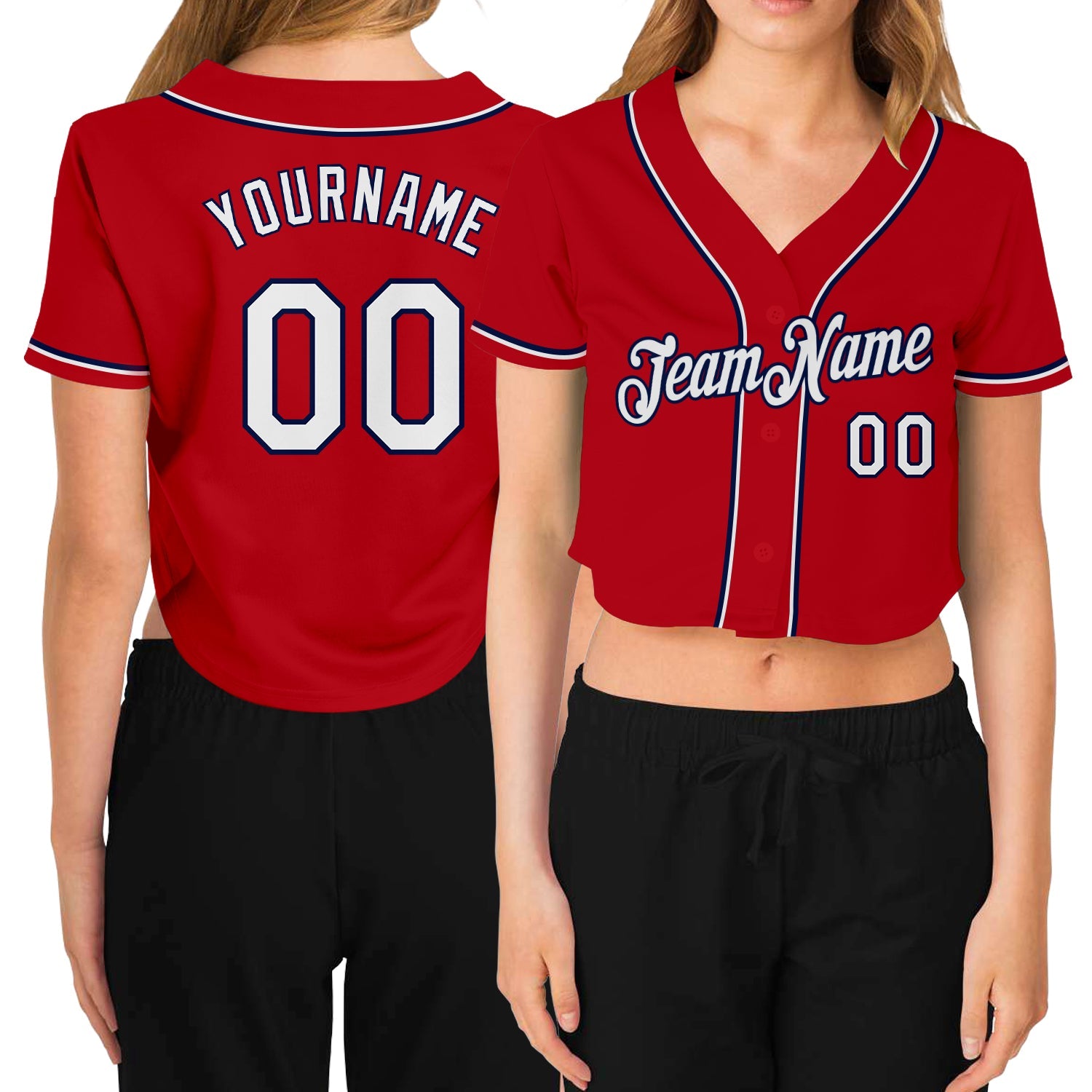 Custom Women's Red White-Navy V-Neck Cropped Baseball Jersey - Main View