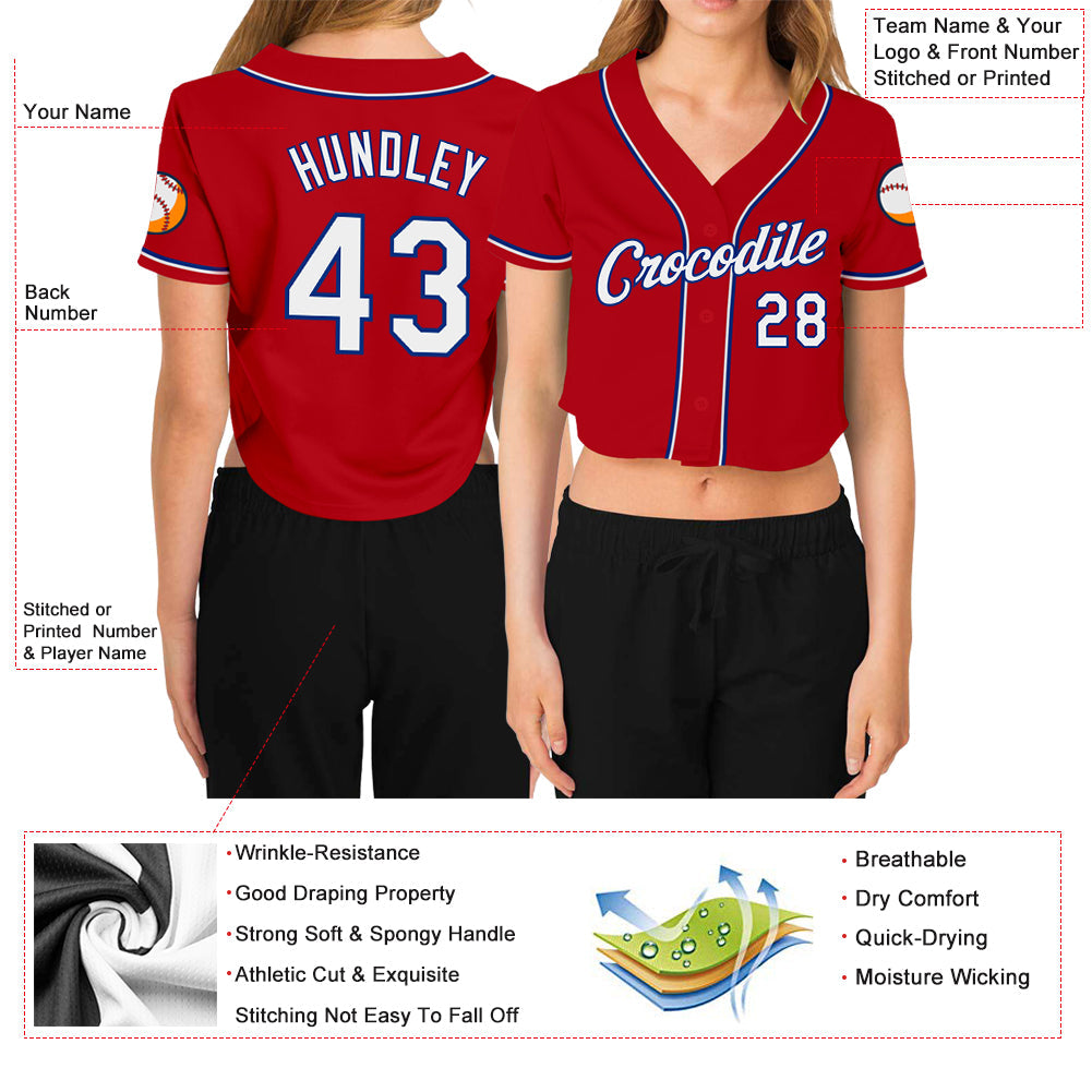 Custom Women's Red White-Royal V-Neck Cropped Baseball Jersey view 3