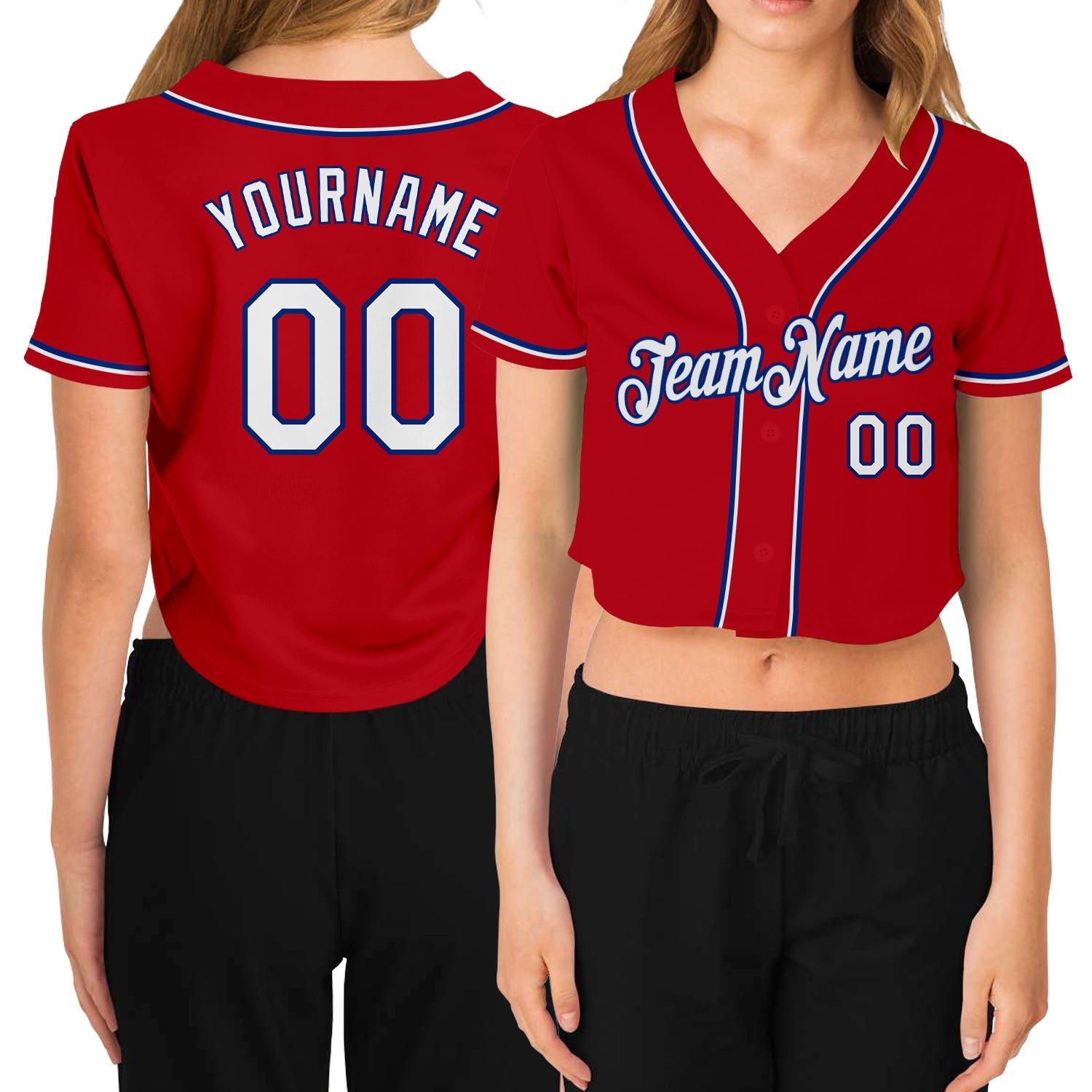 Custom Women's Red White-Royal V-Neck Cropped Baseball Jersey - Main View