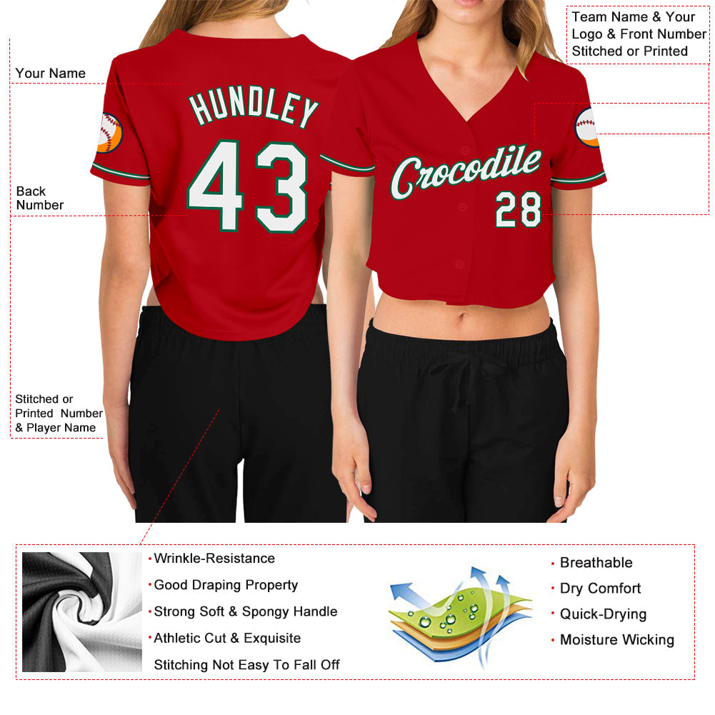 Custom Women's Red White-Kelly Green V-Neck Cropped Baseball Jersey view 3