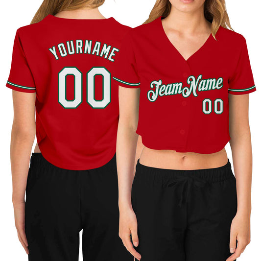 Custom Women's Red White-Kelly Green V-Neck Cropped Baseball Jersey - Main View