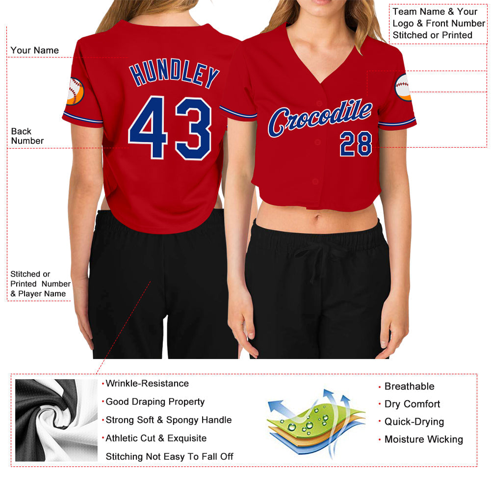 Custom Women's Red Royal-White V-Neck Cropped Baseball Jersey view 3