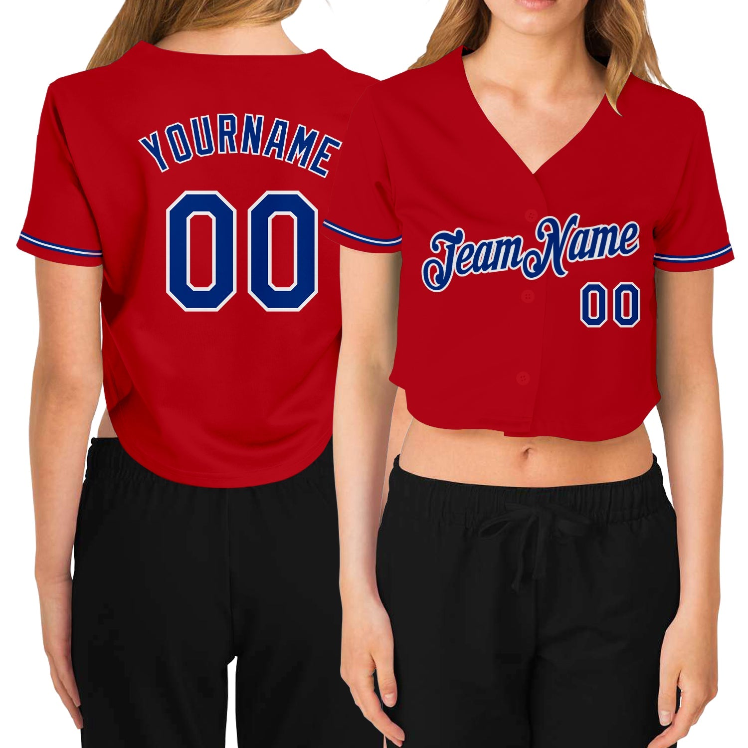 Custom Women's Red Royal-White V-Neck Cropped Baseball Jersey - Main View