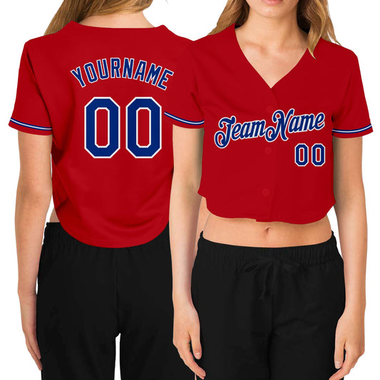 Custom Women's Red Royal-White V-Neck Cropped Baseball Jersey - Main View