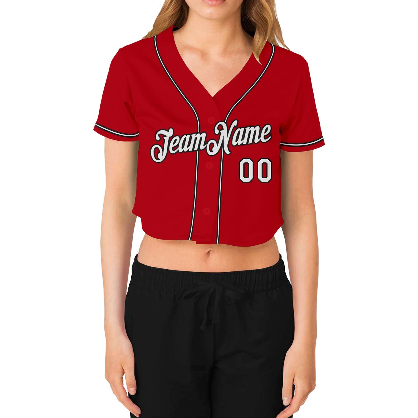 Custom Women's Red White-Black V-Neck Cropped Baseball Jersey view 2