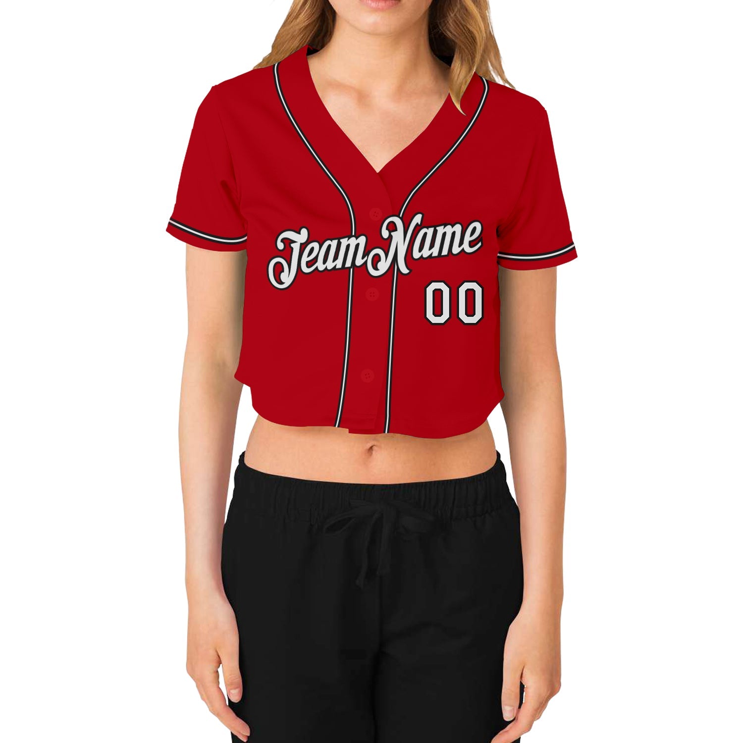 Custom Women's Red White-Black V-Neck Cropped Baseball Jersey view 2