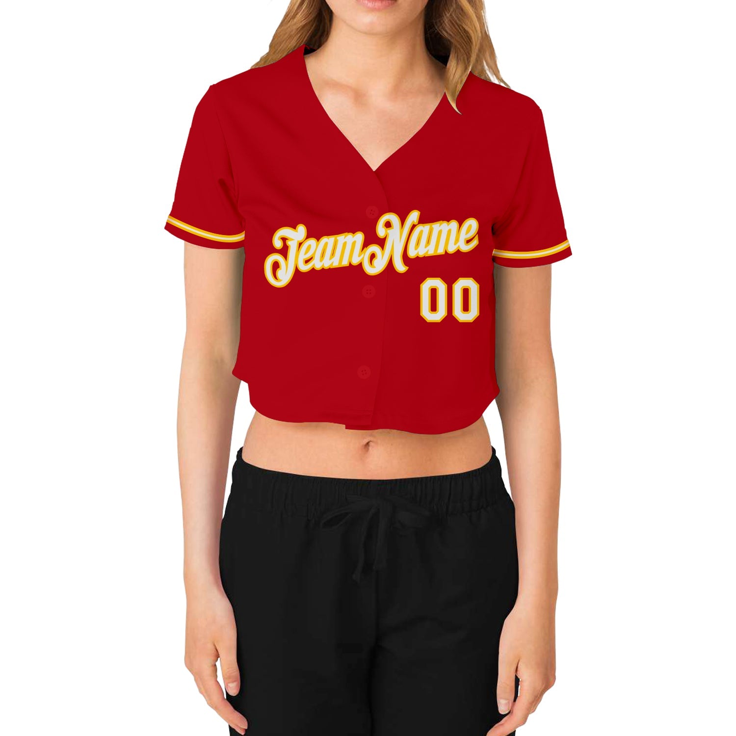 Custom Women's Red White-Gold V-Neck Cropped Baseball Jersey view 2