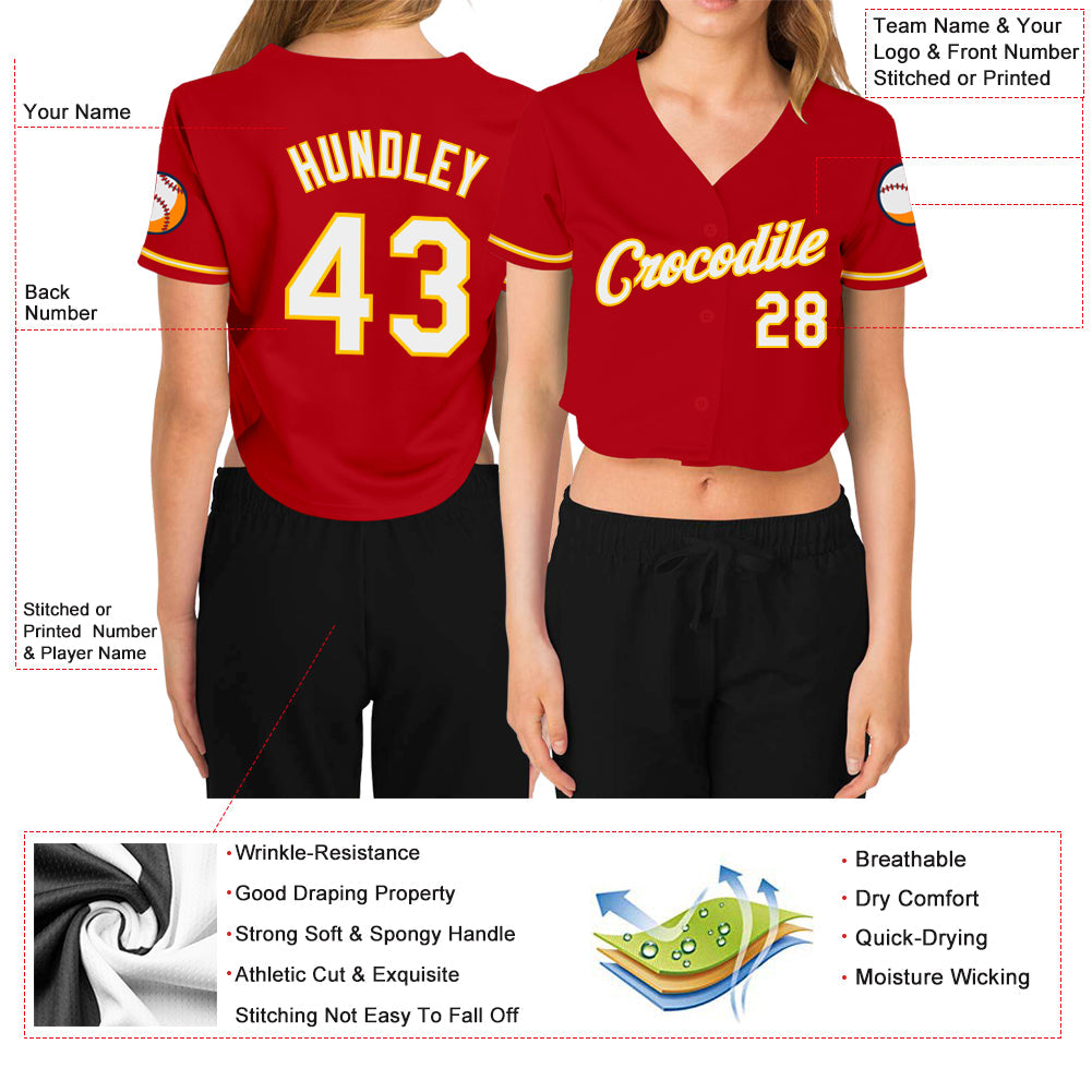 Custom Women's Red White-Gold V-Neck Cropped Baseball Jersey view 3