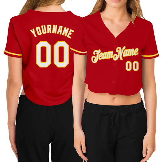 Custom Women's Red White-Gold V-Neck Cropped Baseball Jersey - Main View