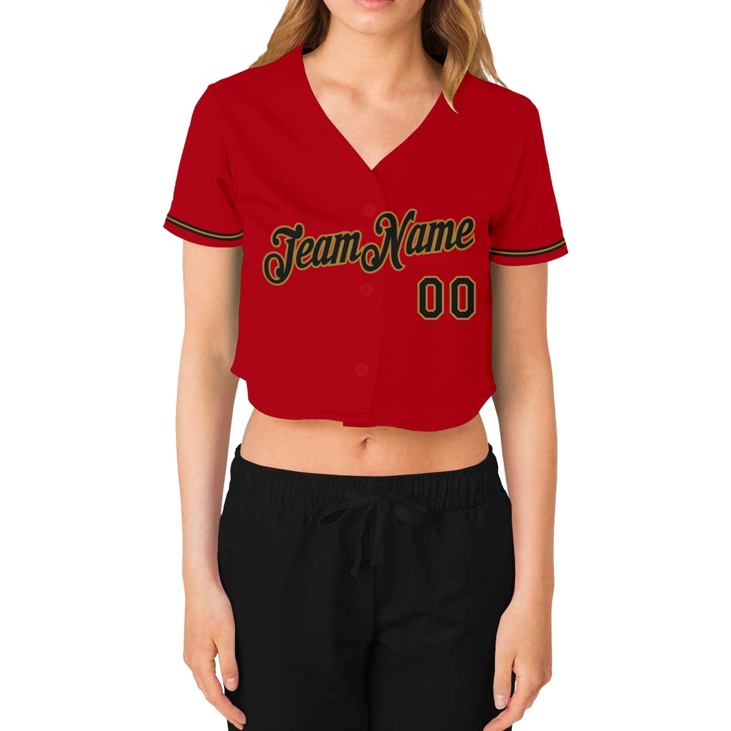 Custom Women's Red Black-Old Gold V-Neck Cropped Baseball Jersey view 2