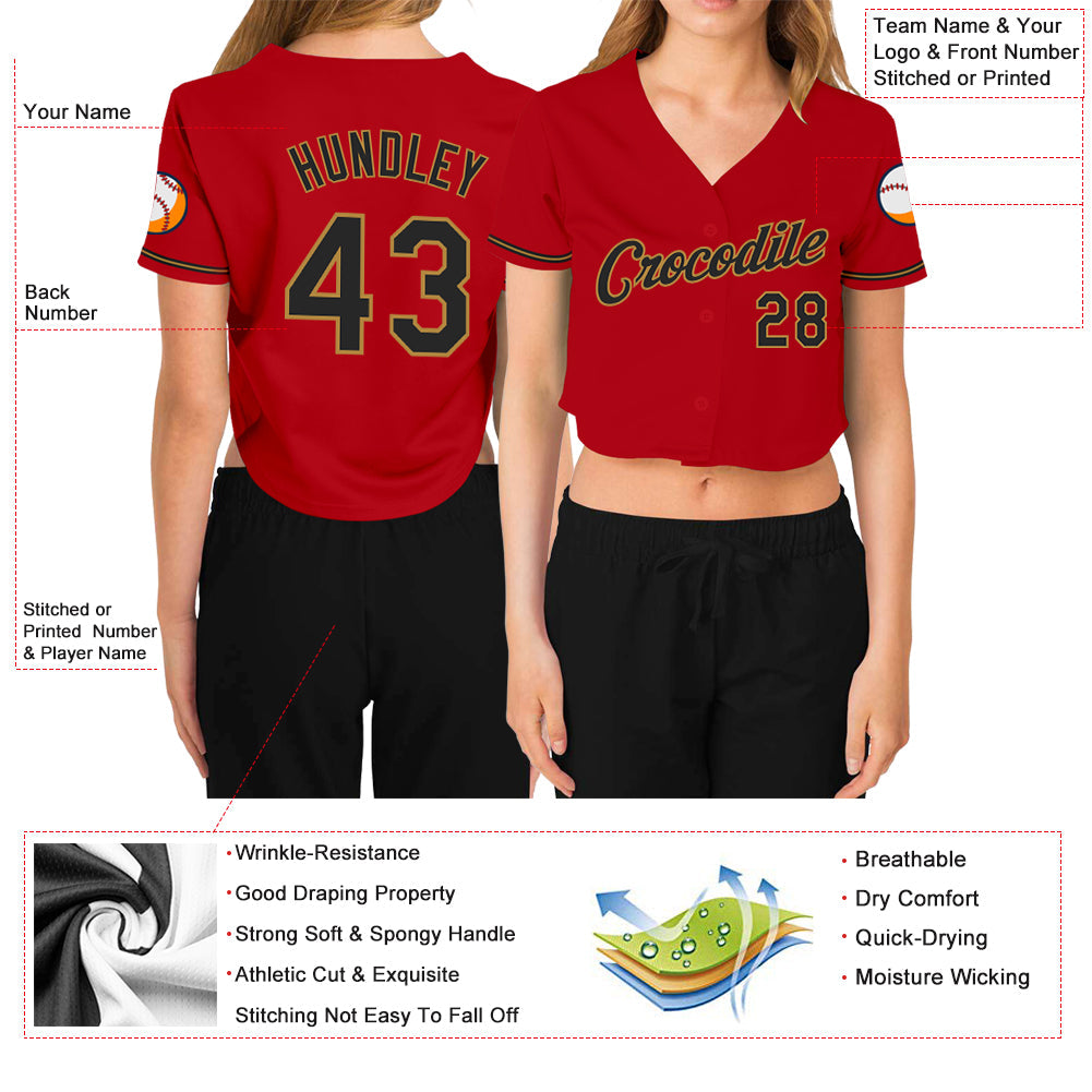 Custom Women's Red Black-Old Gold V-Neck Cropped Baseball Jersey view 3