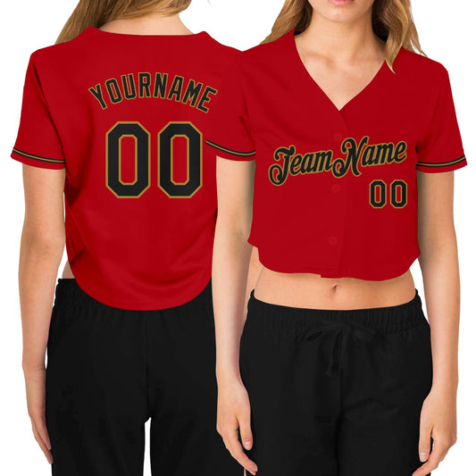 Custom Women's Red Black-Old Gold V-Neck Cropped Baseball Jersey - Main View