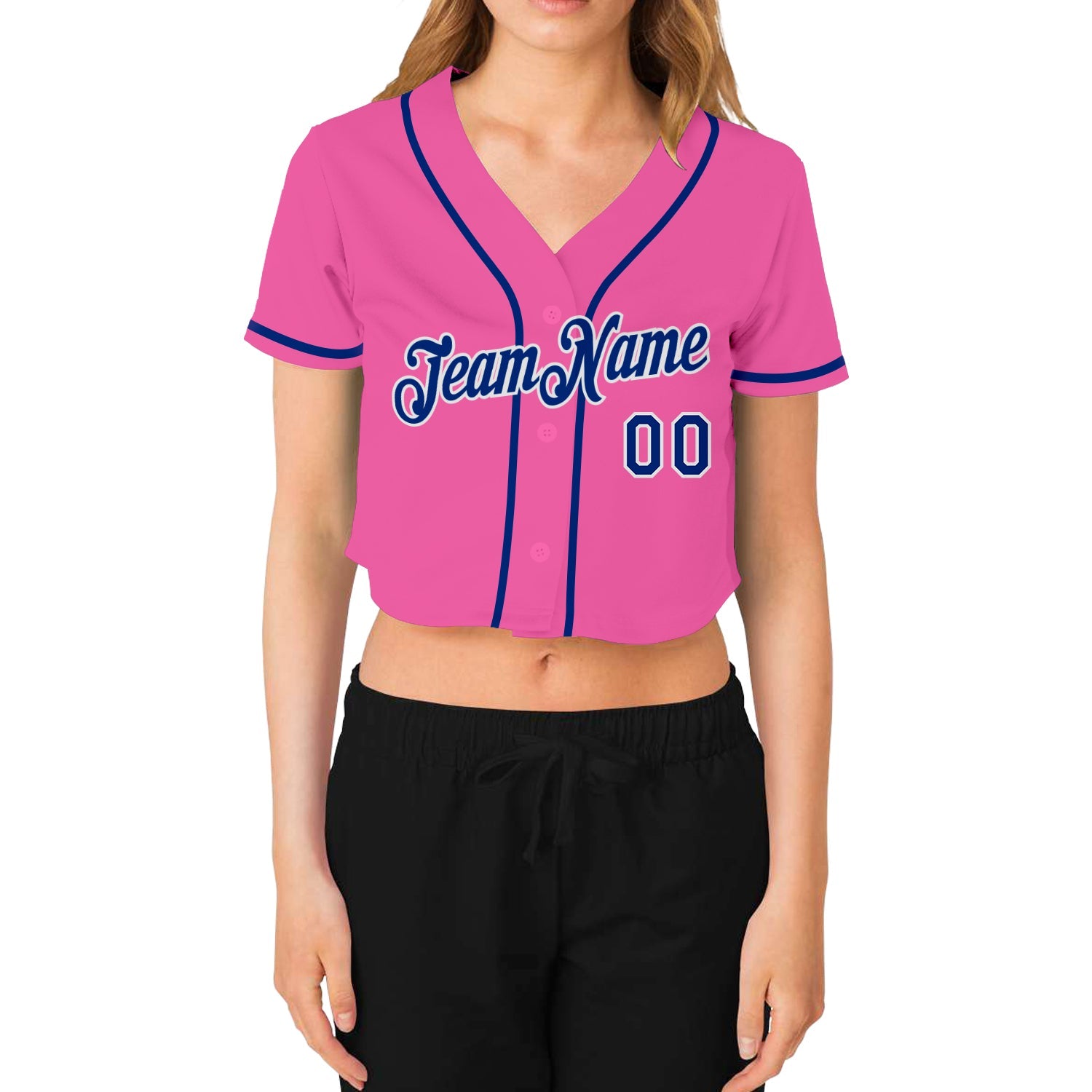 Custom Women's Pink Royal-White V-Neck Cropped Baseball Jersey view 2