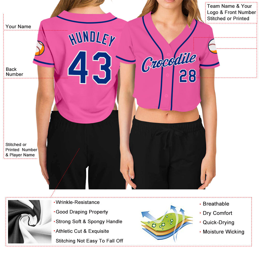 Custom Women's Pink Royal-White V-Neck Cropped Baseball Jersey view 3