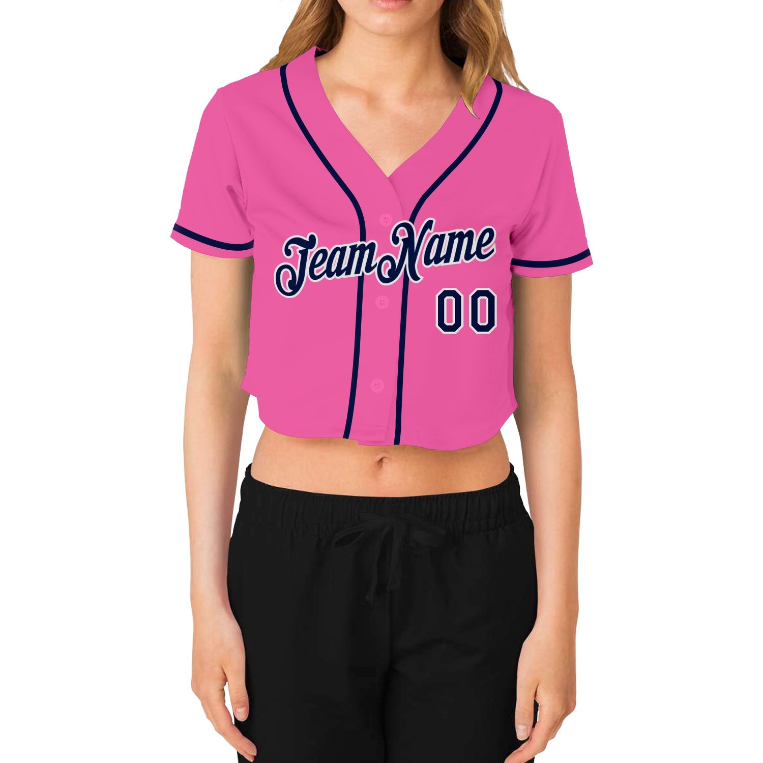 Custom Women's Pink Navy-White V-Neck Cropped Baseball Jersey view 2
