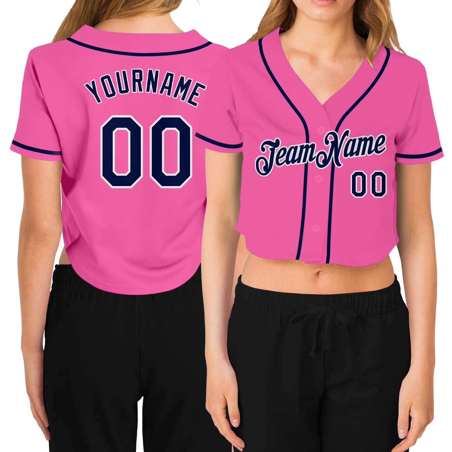 Custom Women's Pink Navy-White V-Neck Cropped Baseball Jersey - Main View