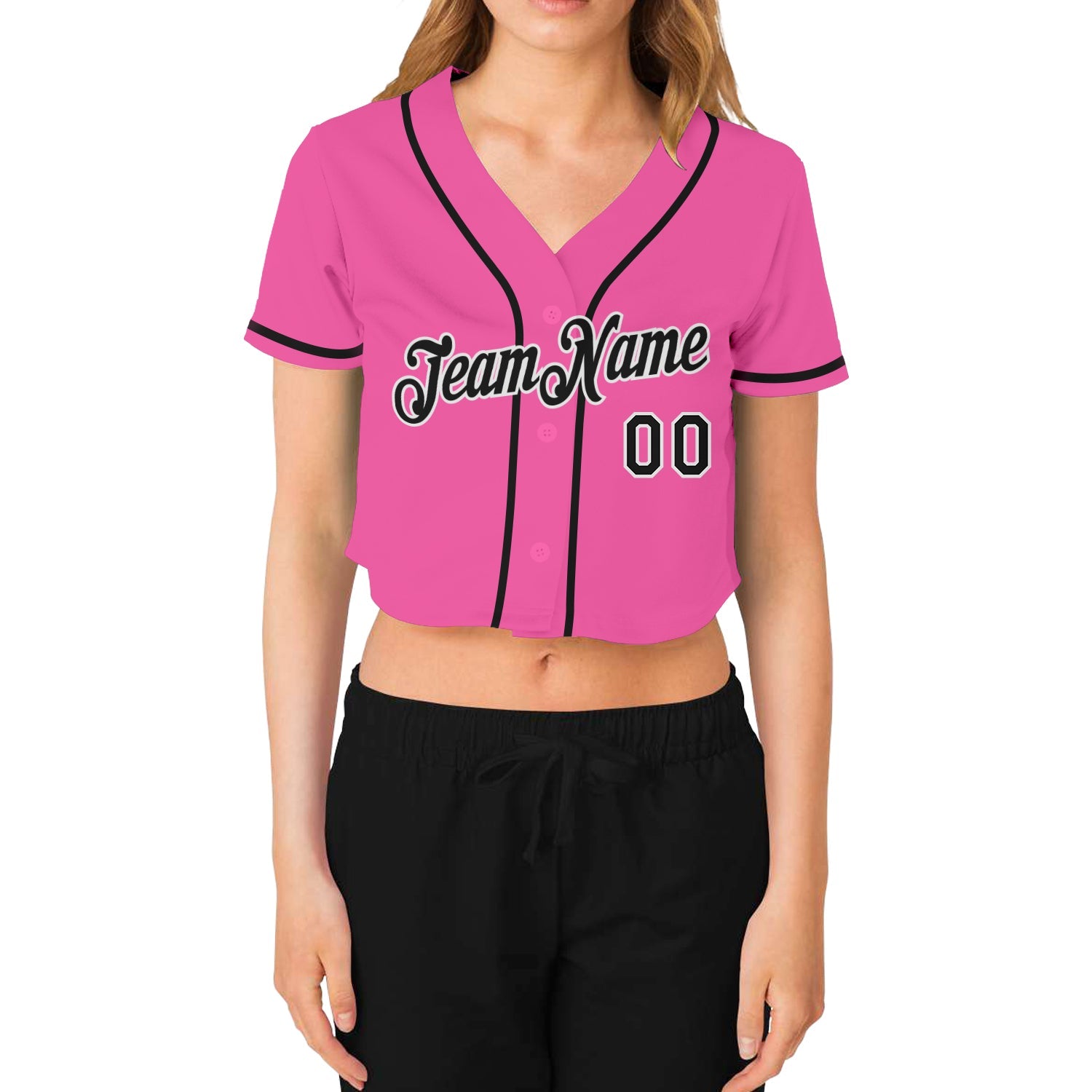 Custom Women's Pink Black-White V-Neck Cropped Baseball Jersey view 2
