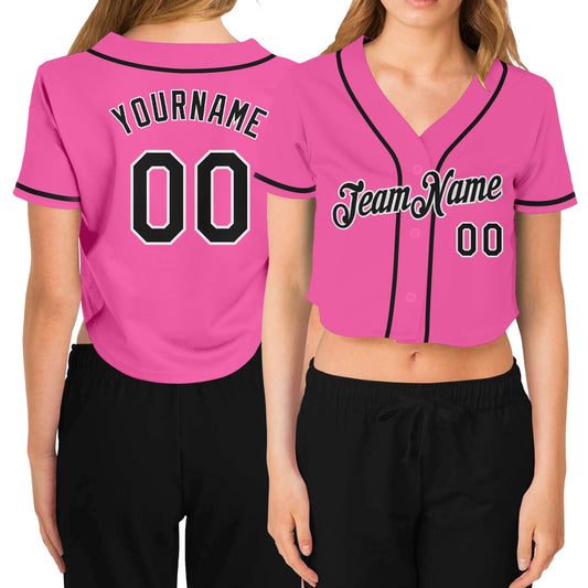 Custom Women's Pink Black-White V-Neck Cropped Baseball Jersey - Main View
