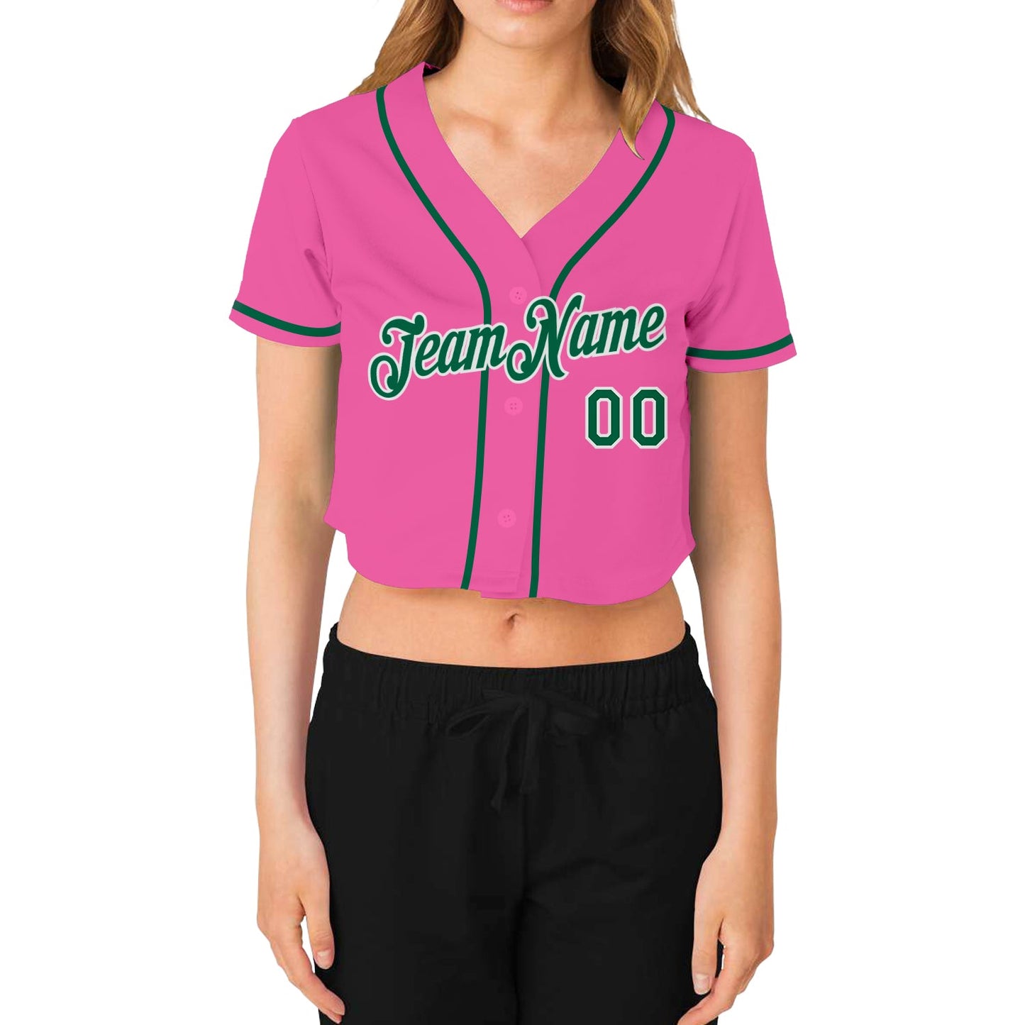 Custom Women's Pink Kelly Green-White V-Neck Cropped Baseball Jersey view 2