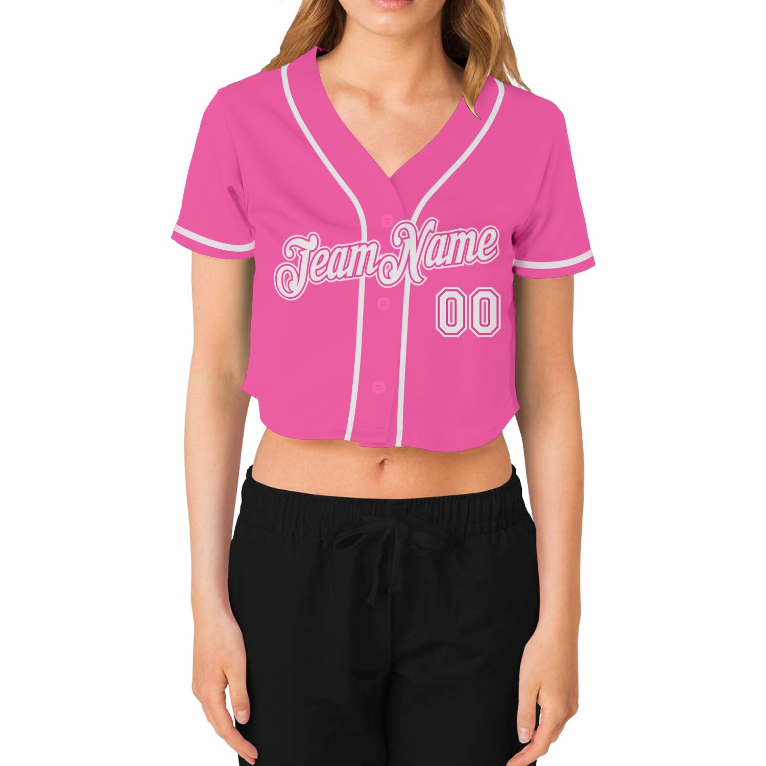 Custom Women's Pink White V-Neck Cropped Baseball Jersey view 2