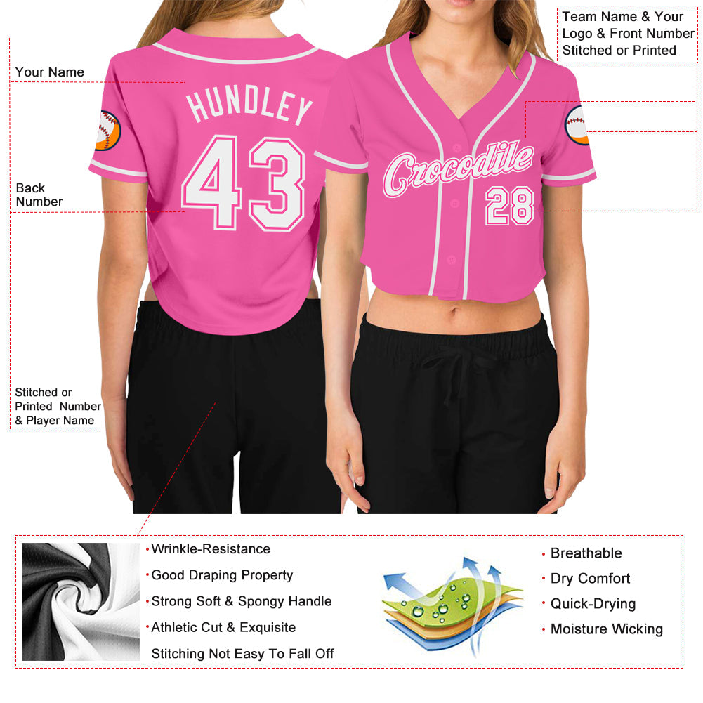 Custom Women's Pink White V-Neck Cropped Baseball Jersey view 3