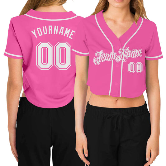 Custom Women's Pink White V-Neck Cropped Baseball Jersey - Main View