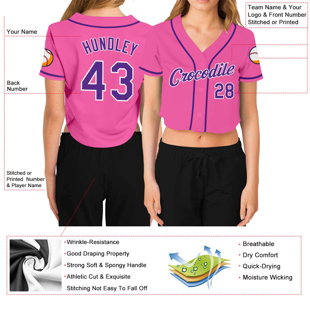 Custom Women's Pink Purple-White V-Neck Cropped Baseball Jersey view 3