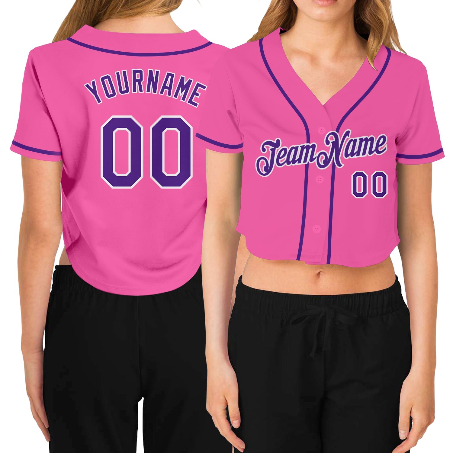Custom Women's Pink Purple-White V-Neck Cropped Baseball Jersey - Main View