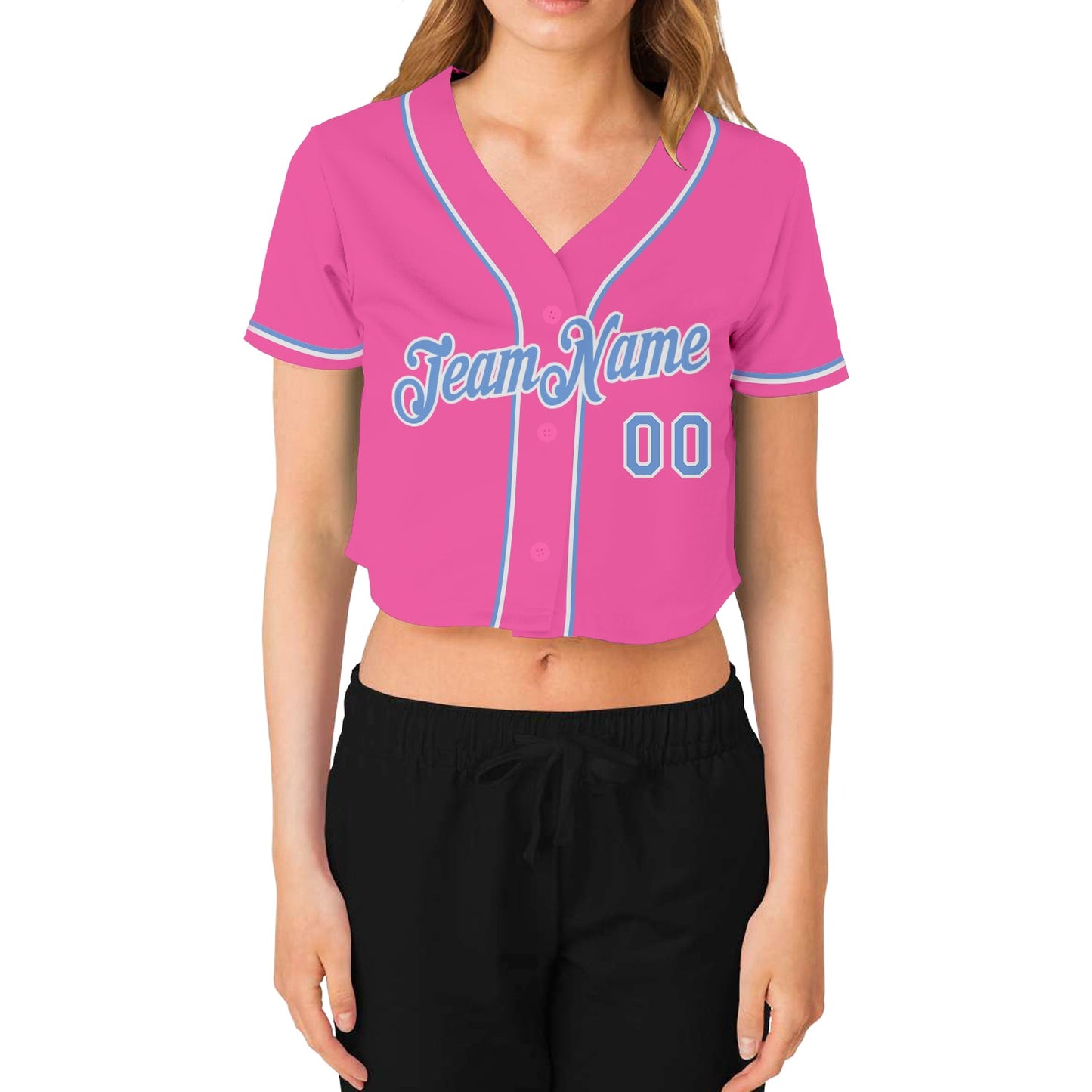 Custom Women's Pink Light Blue-White V-Neck Cropped Baseball Jersey view 2