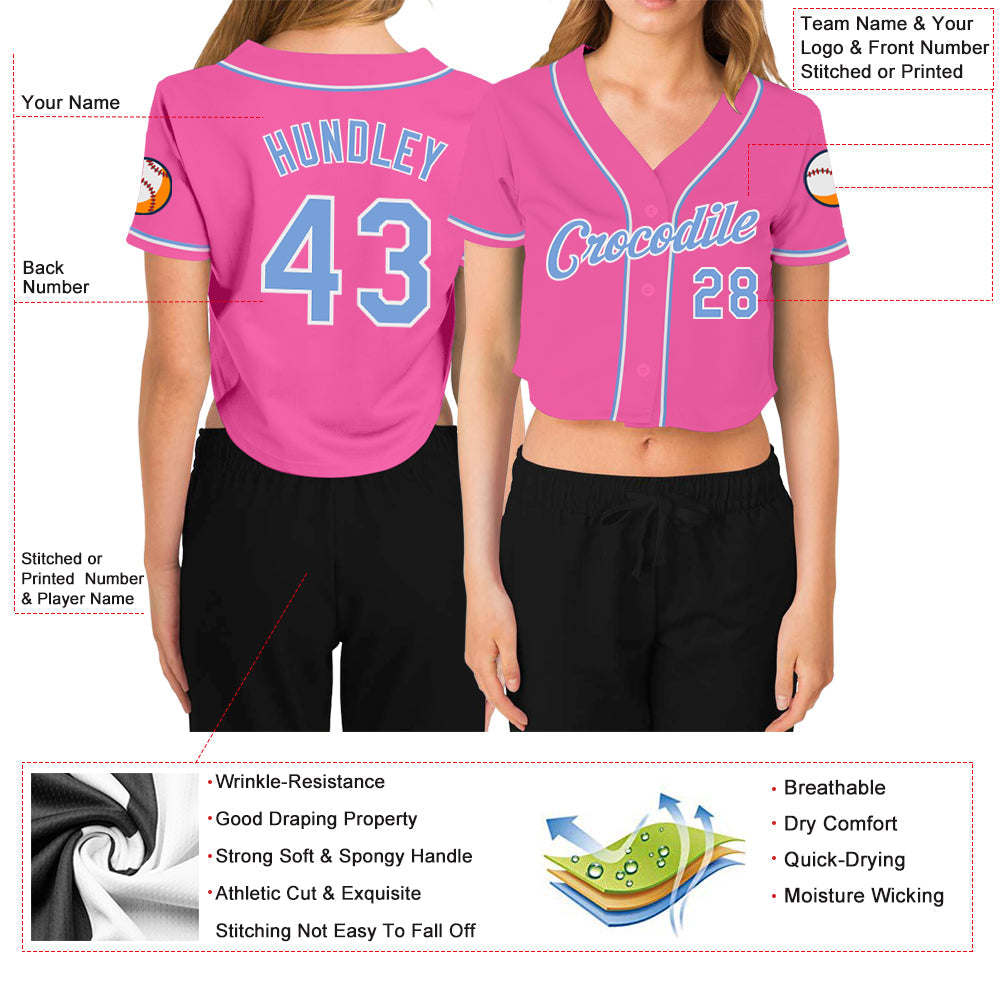 Custom Women's Pink Light Blue-White V-Neck Cropped Baseball Jersey view 3