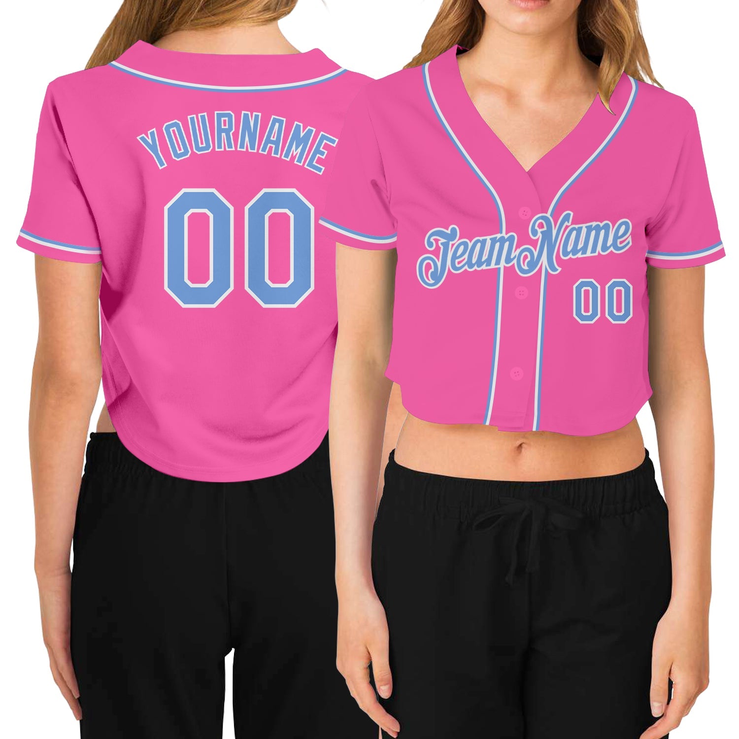Custom Women's Pink Light Blue-White V-Neck Cropped Baseball Jersey - Main View