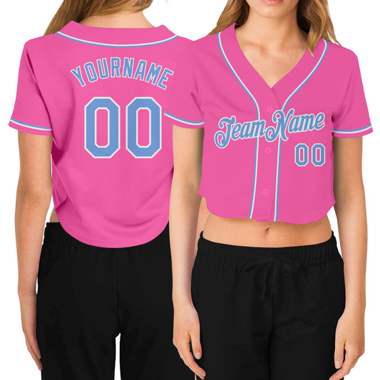 Custom Women's Pink Light Blue-White V-Neck Cropped Baseball Jersey - Main View