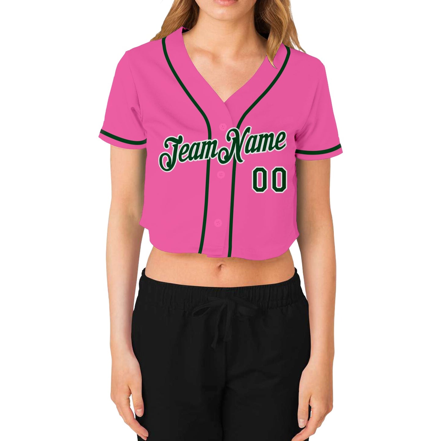 Custom Women's Pink Green-White V-Neck Cropped Baseball Jersey view 2