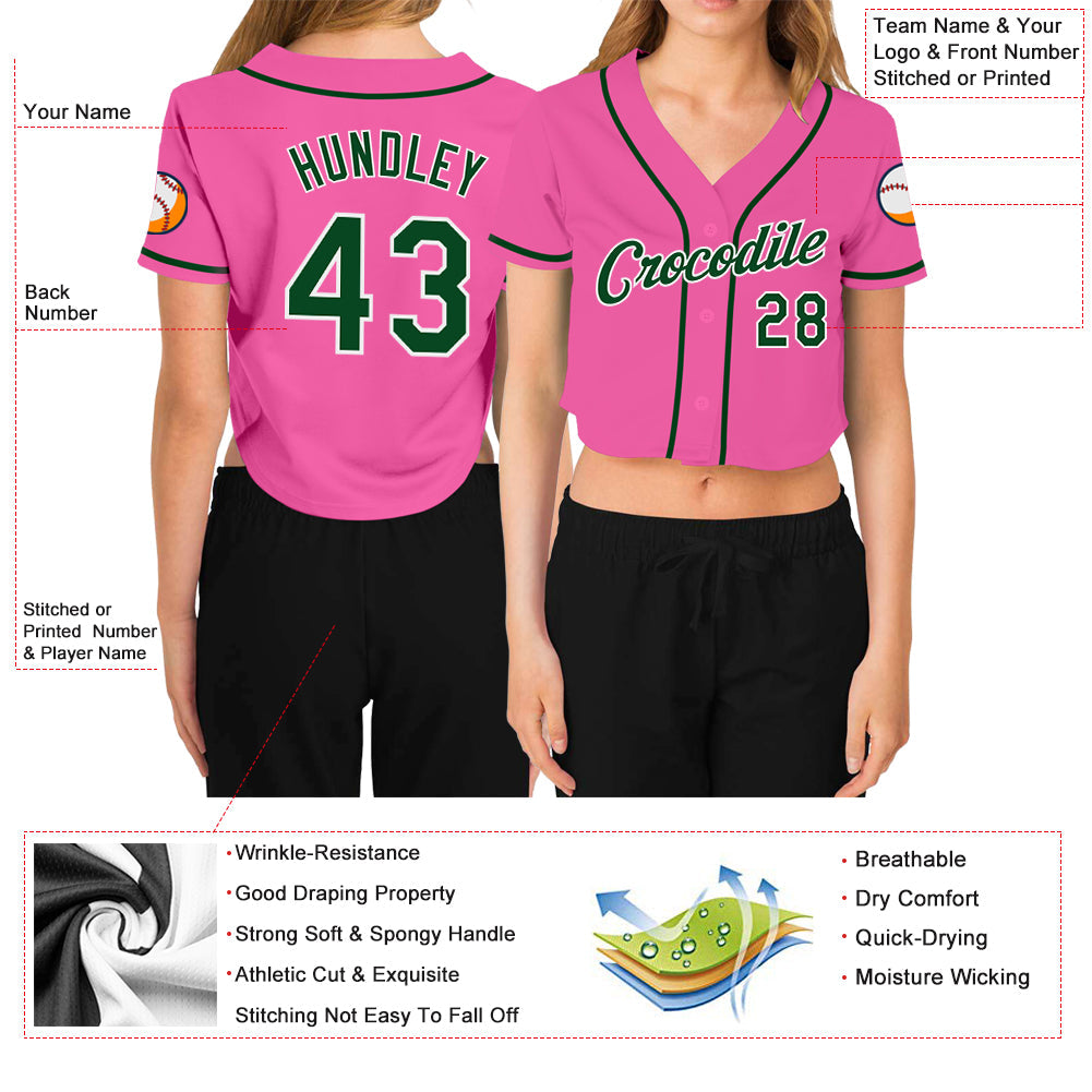 Custom Women's Pink Green-White V-Neck Cropped Baseball Jersey view 3