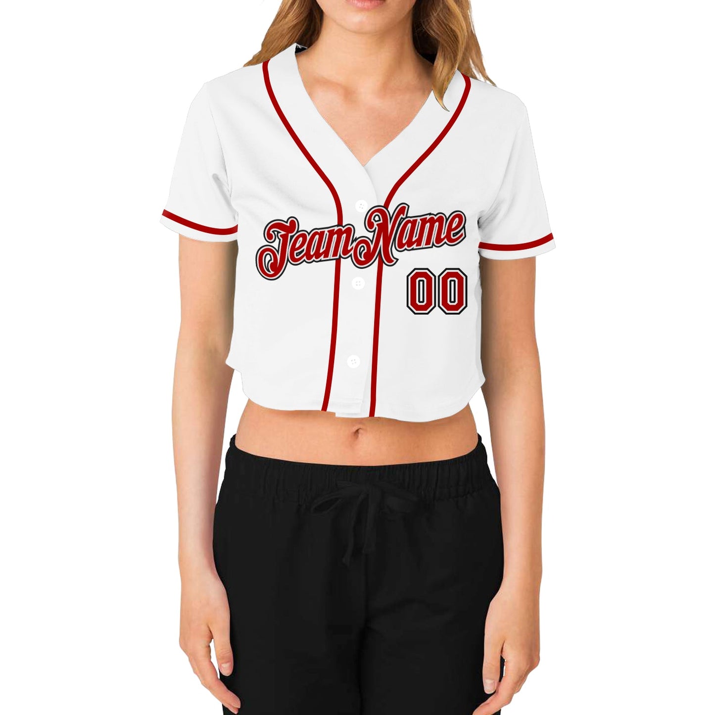 Custom Women's White Red-Black V-Neck Cropped Baseball Jersey view 2