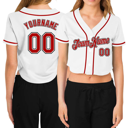 Custom Women's White Red-Black V-Neck Cropped Baseball Jersey - Main View