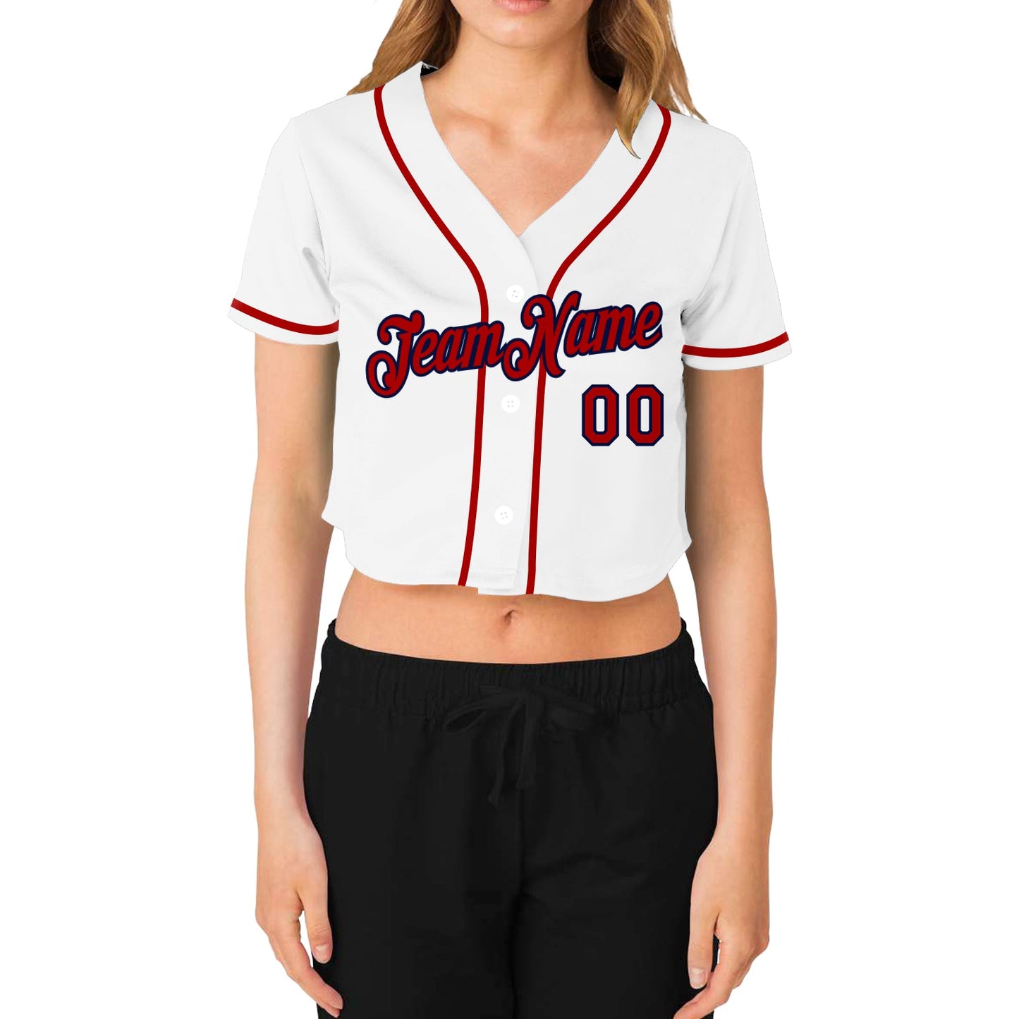 Custom Women's White Red-Navy V-Neck Cropped Baseball Jersey view 2