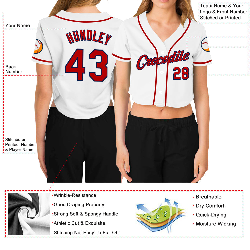 Custom Women's White Red-Navy V-Neck Cropped Baseball Jersey view 3
