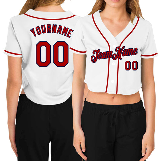 Custom Women's White Red-Navy V-Neck Cropped Baseball Jersey - Main View