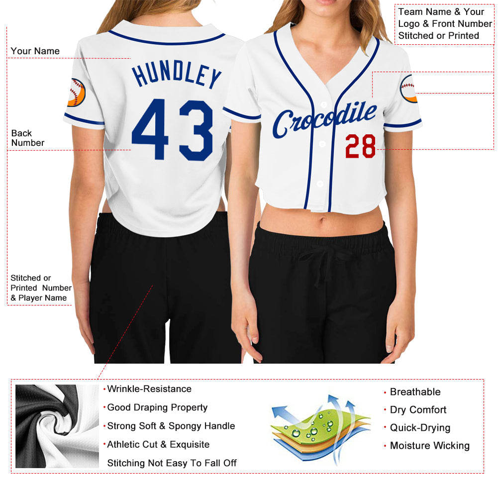 Custom Women's White Royal-Red V-Neck Cropped Baseball Jersey view 3