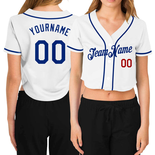 Custom Women's White Royal-Red V-Neck Cropped Baseball Jersey - Main View