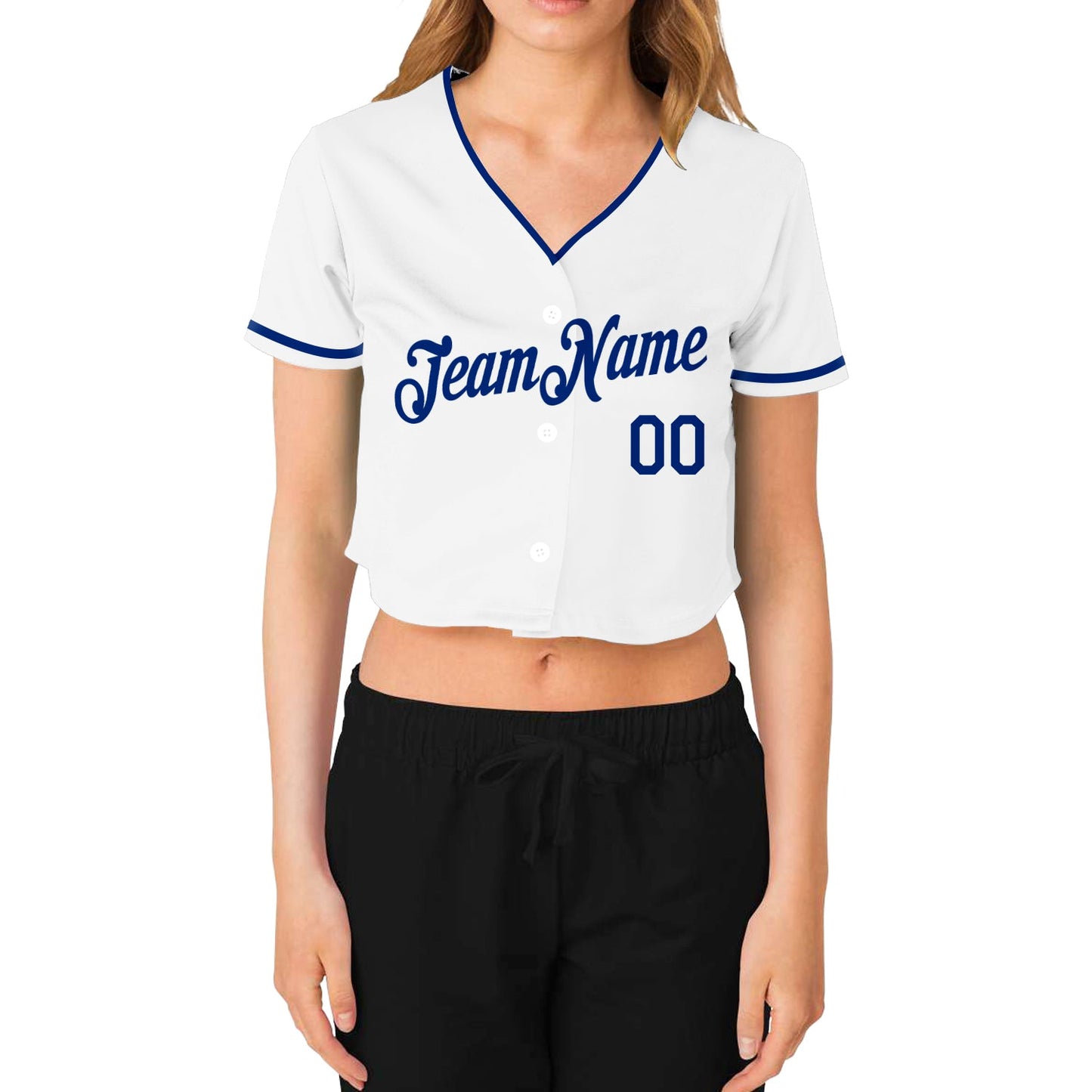 Custom Women's White Royal V-Neck Cropped Baseball Jersey view 2