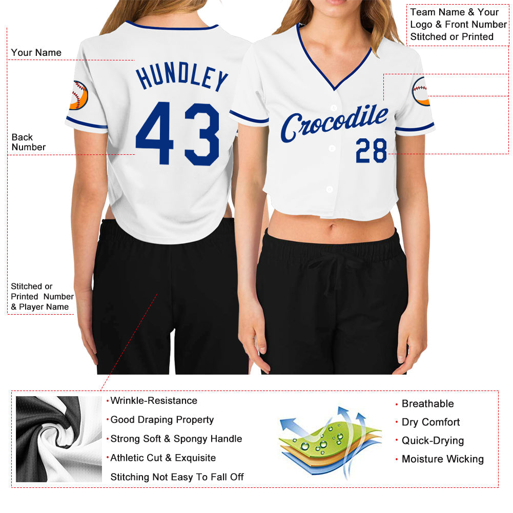 Custom Women's White Royal V-Neck Cropped Baseball Jersey view 3