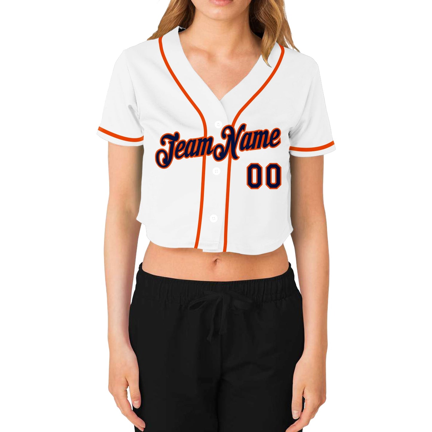 Custom Women's White Navy-Orange V-Neck Cropped Baseball Jersey view 2