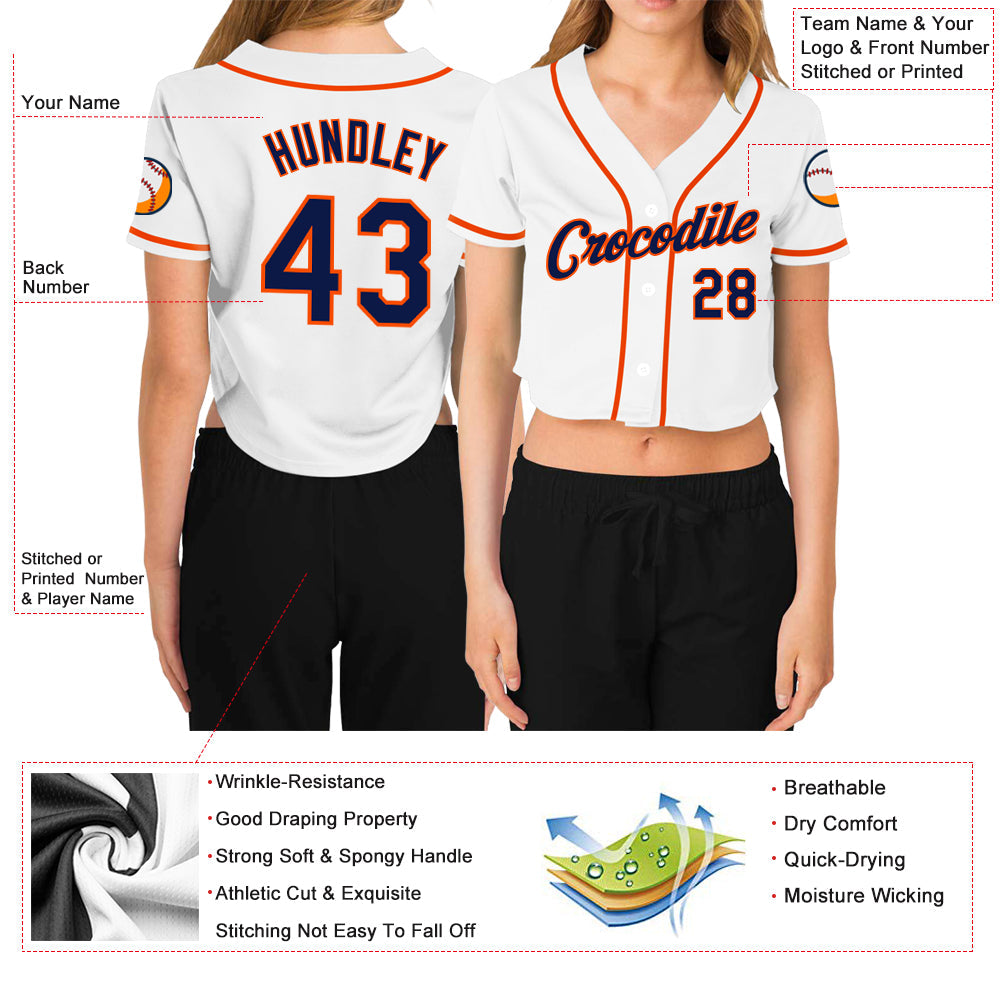 Custom Women's White Navy-Orange V-Neck Cropped Baseball Jersey view 3