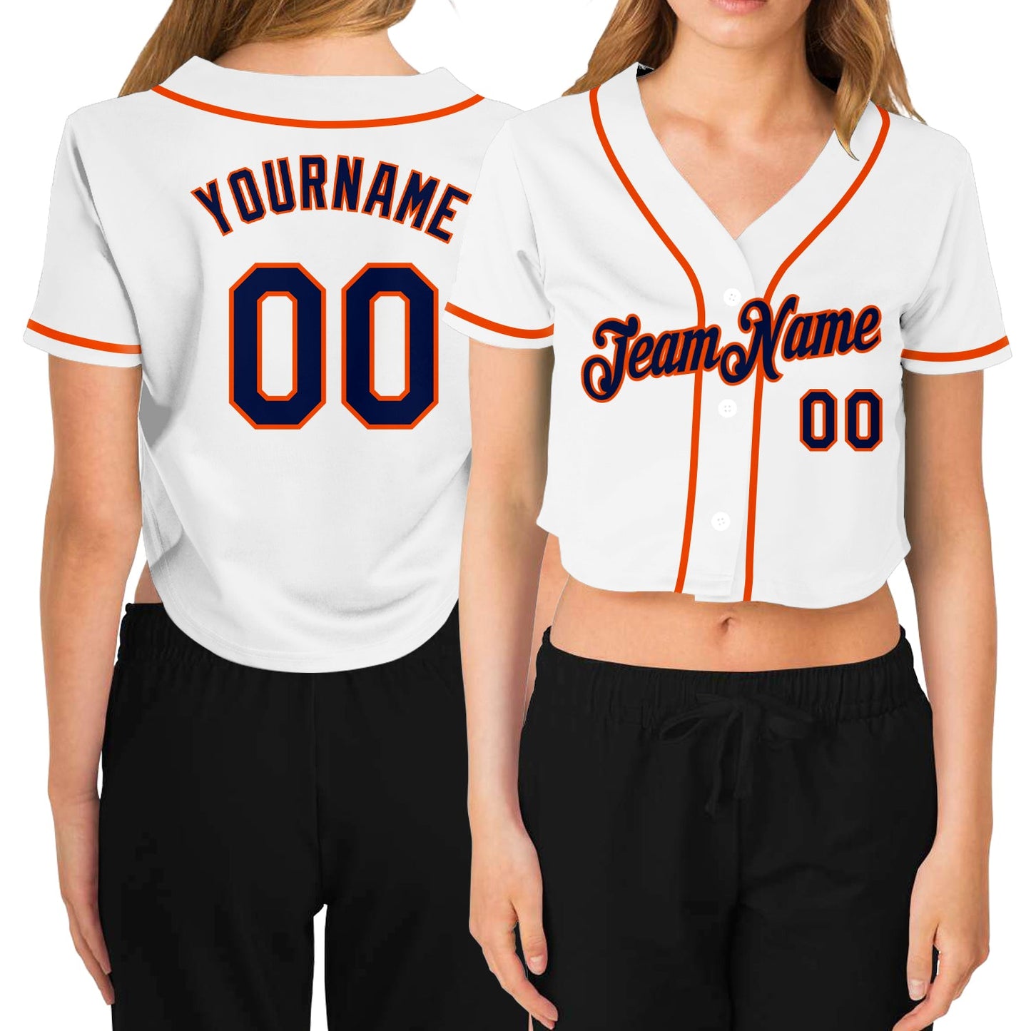 Custom Women's White Navy-Orange V-Neck Cropped Baseball Jersey - Main View