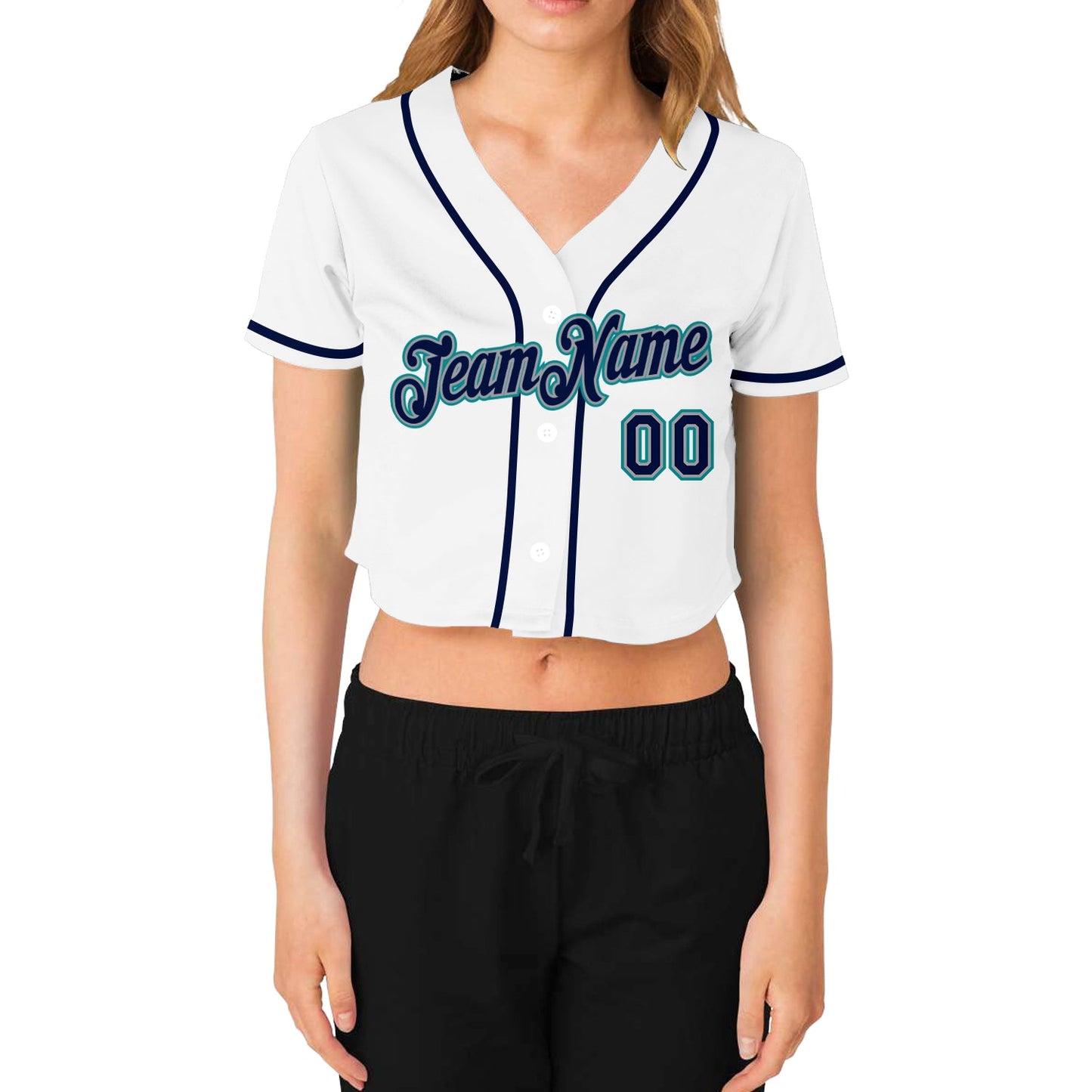 Custom Women's White Navy Gray-Aqua V-Neck Cropped Baseball Jersey view 2