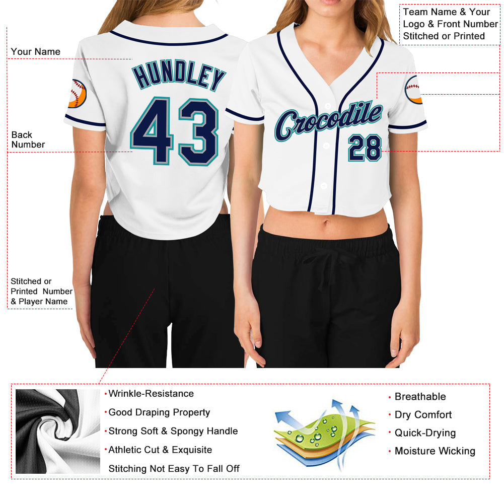 Custom Women's White Navy Gray-Aqua V-Neck Cropped Baseball Jersey view 3