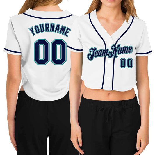 Custom Women's White Navy Gray-Aqua V-Neck Cropped Baseball Jersey - Main View