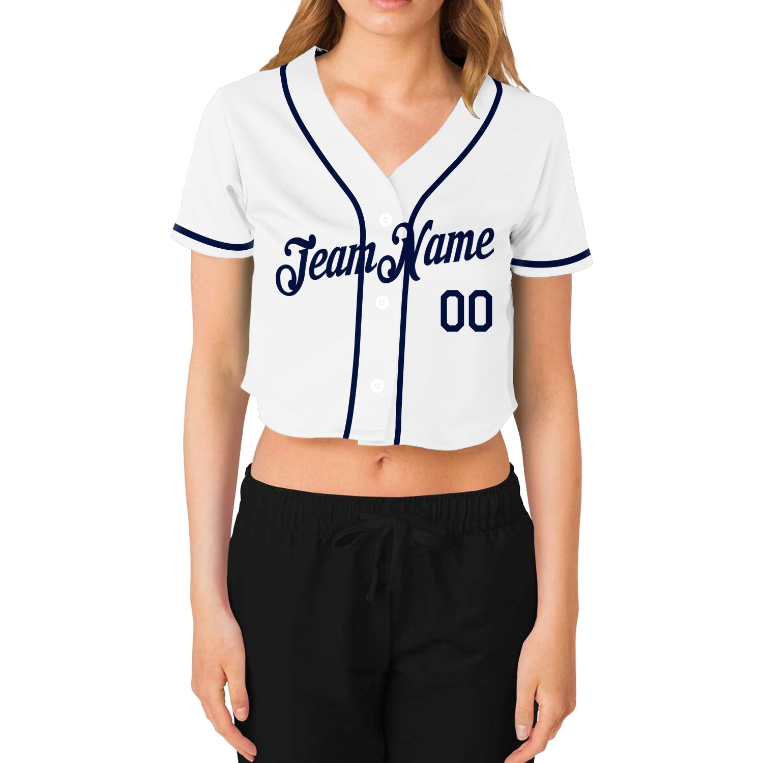 Custom Women's White Navy V-Neck Cropped Baseball Jersey view 2